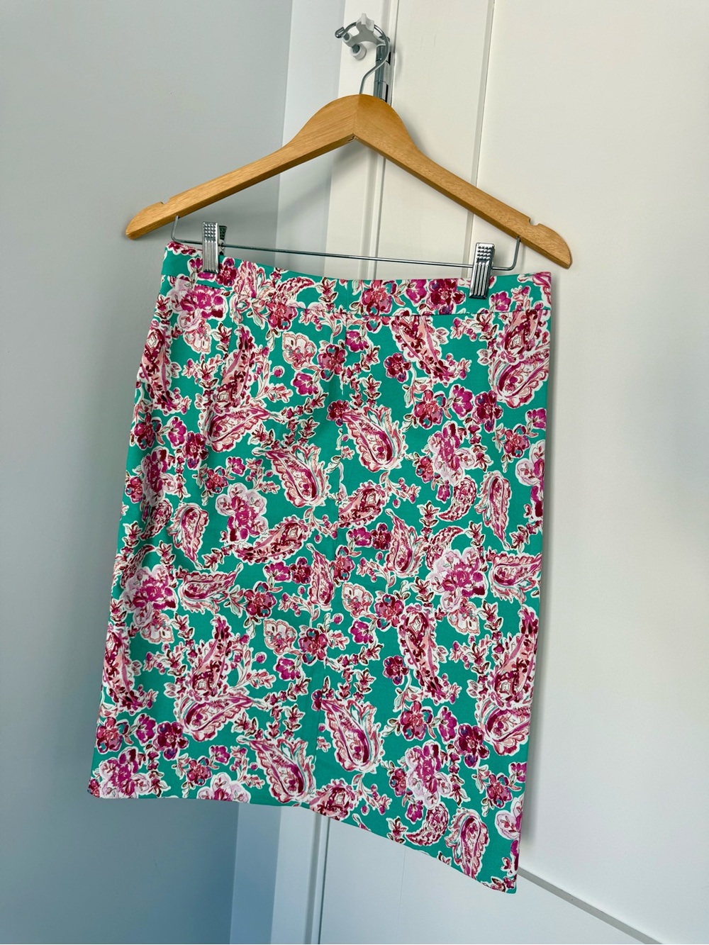 J. Crew Teal Pencil Skirt with Pink Paisley Floral Print